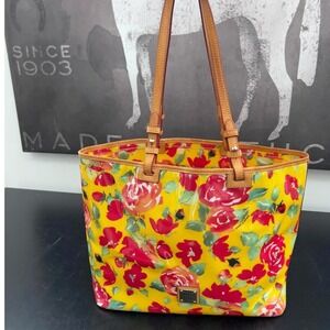 Dooney & Bourke Tote Bag Yellow Red Floral Rose Coated Canvas Leather Trim OS
